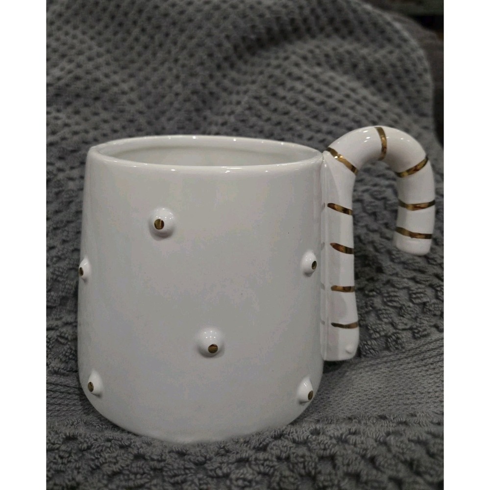 Godinger White Ceramic‎ Candy Cane Handle Coffee Mug Gold Dotted Holiday